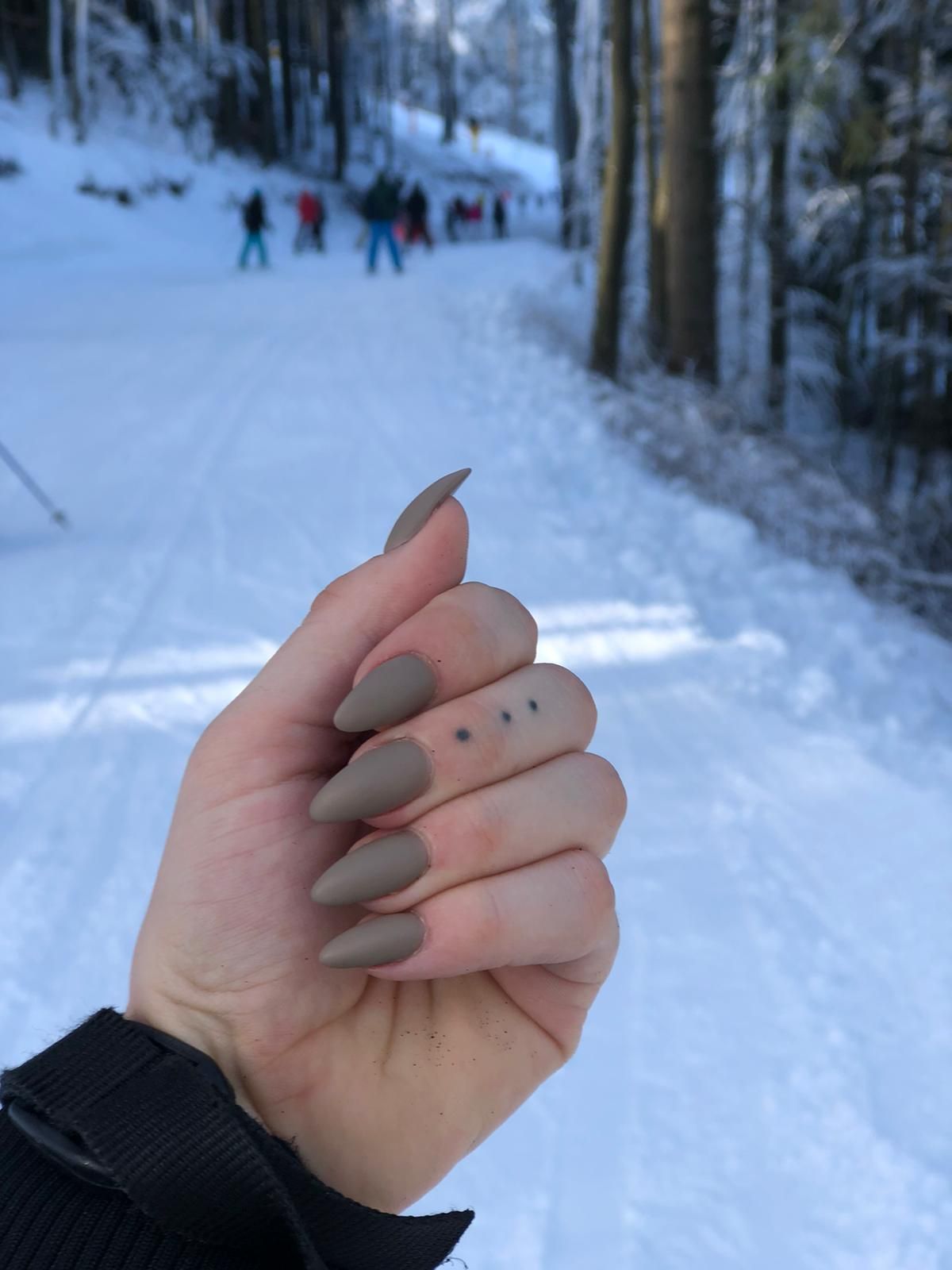 Lange taupe amandelnagels met een besneeuwd bospad op de achtergrond
